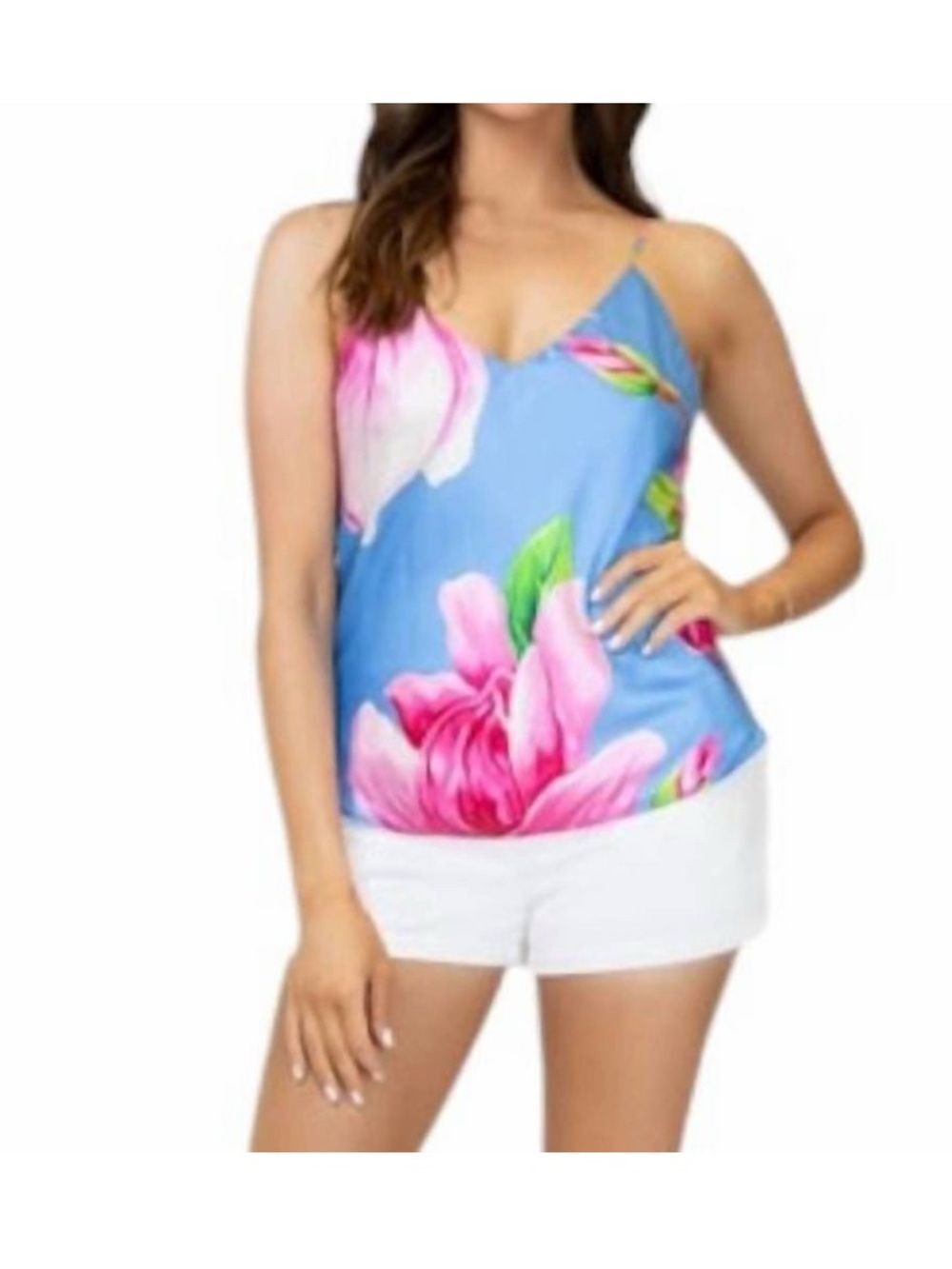 New Lavender Brown Jane Blue Floral V-Neck Spaghetti Strap Cami